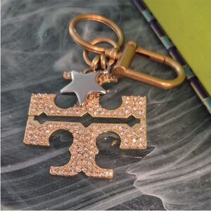 Tory Burch Gold and Silver Keychain with Star and Logo